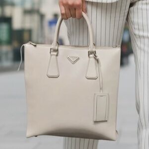 👜🍄🟫 PRADA Saffiano Leather Laptop Tote – Bone / Mushroom 🍄🟫👜